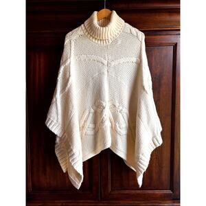 Lands' End Poncho Sweater S M Cable Knit Turtleneck Wool Alpaca Fisherman Core